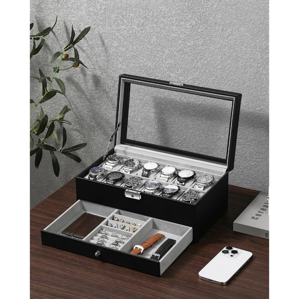 Watch Box 12 Slot Watch Display Organizer Leather Jewelry Case Drawer Glass Birt - Picture 2 of 8